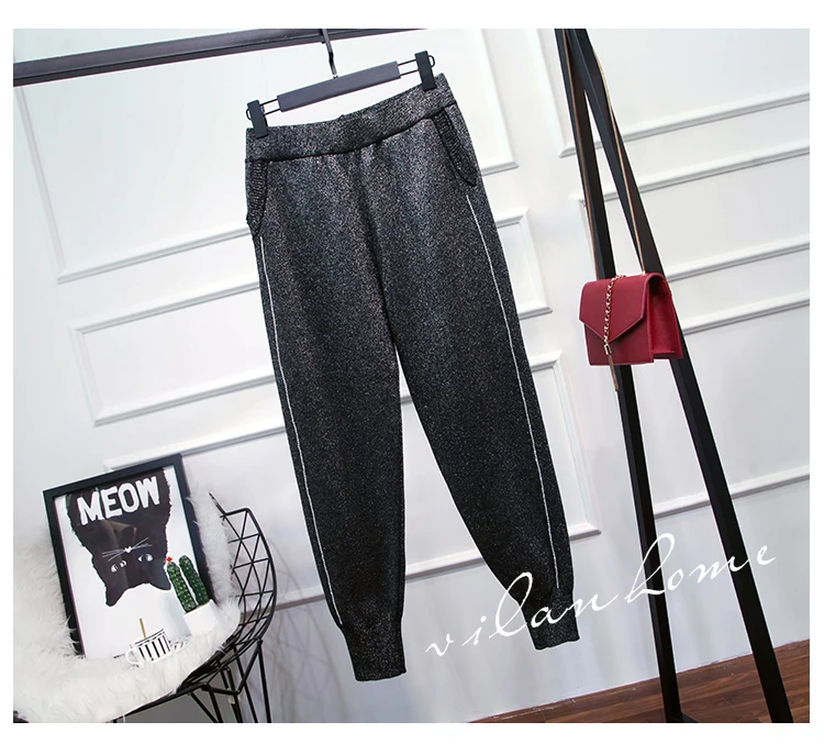 10.11 Autumn Winter New women diamonds turn-down collar single breasted long sleeve knitted sweaters pants two piece set
