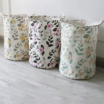 

1pcs 3Colors Storage Box Cotton Linen Clothes Bucket Laundry Basket Sundries Organizer Waterproof Flower Pattern With Lanyard