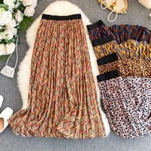 Foamlina, винтажный стиль, Геометрическая леопардовая расцветка, длинная юбка, эластичная талия, плиссированная повседневная юбка, Женская Осенняя юбка макси