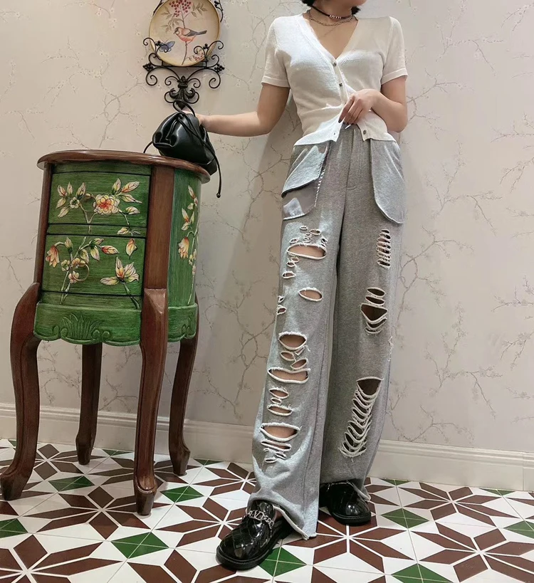 Vefadisa 6 Style Women Holes Wide Leg Pants 2020 Summer Women High Waist Straight Pants Female Plus Size Slim Pants ZQY242B