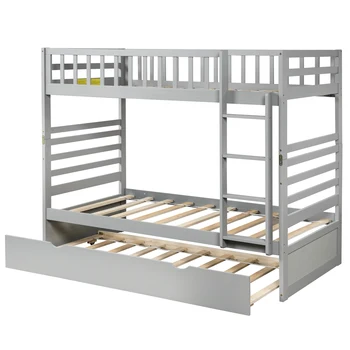 

Twin Over Twin Bunk Bed with Trundle Solid Wood Bunk Bed