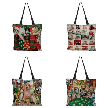 

Customized Precision print Women Handbag Linen cute cats style Tote Bags with Print Logo Casual Traveling Beach Bags 43cm*43cm