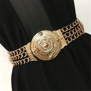 

Women Flower Gold Belts Fashion Ladies Floral Elastic Metal Women Waist Belt For Dress Female Golden Chain Belt