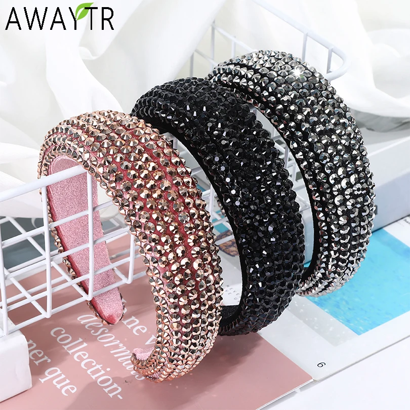 

AWAYTR New Rhinestone Full Crystal Headbands for Women Wide Elastic Hairbands Baroque Diamond Tiara Hair Accessories Headdress