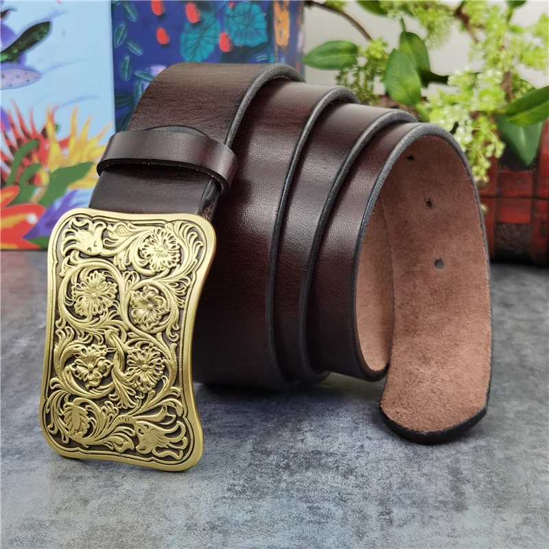 

Luxury Carving Flower Brass Belt Buckle Men's Belt Ceinture Top Thick Geunine Leather Belt For Men Wide Trouser Belt Men MBT0031