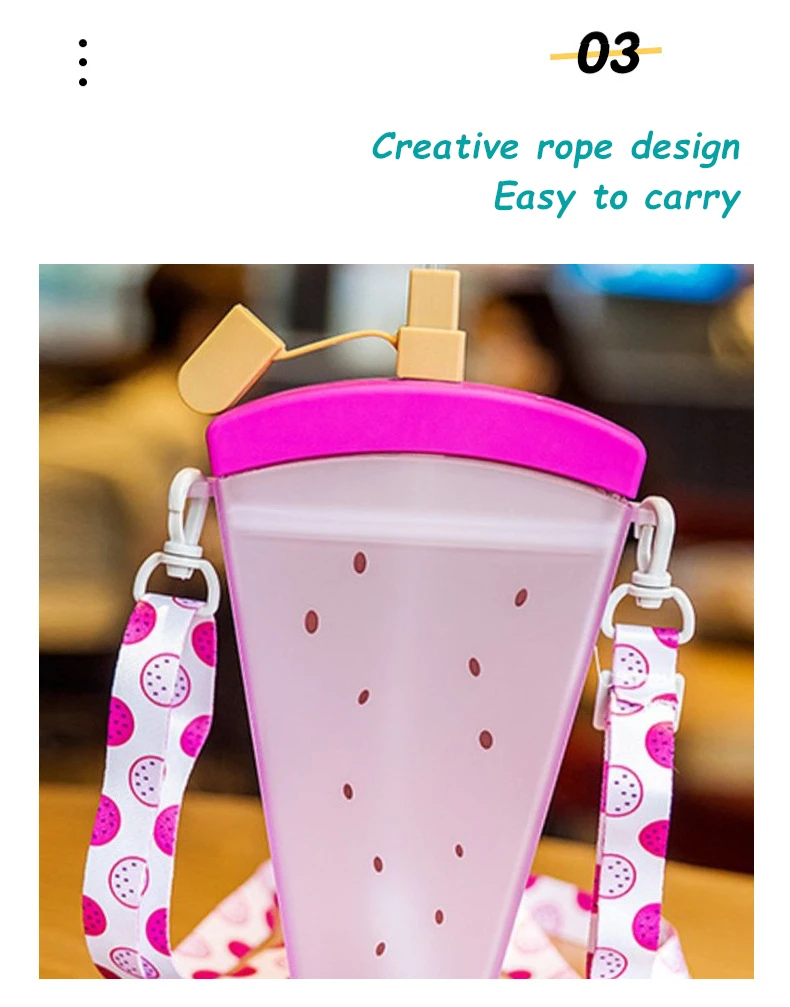 350ml Creative Fruit Ice Cream Plastic Straw Cup with Lid Personality Cup Outdoor Sports Portable Cup with Strap Water Bottle