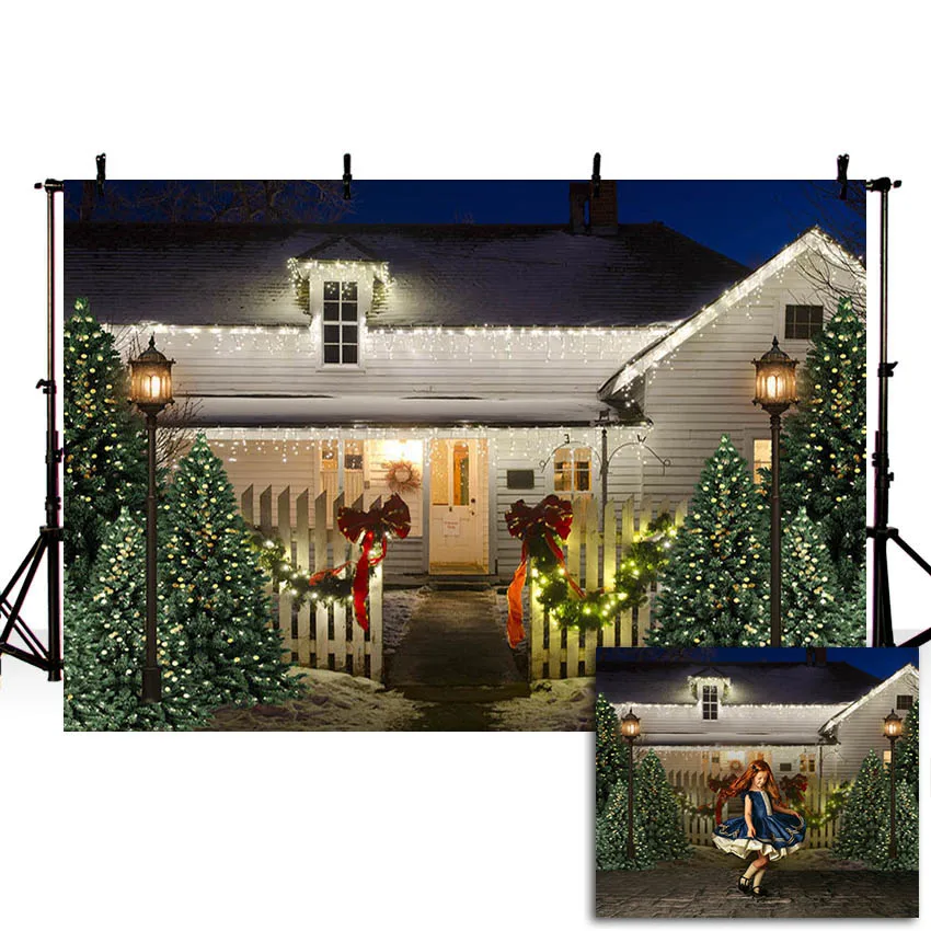 

Mehofond Winter Christmas Backdrop Snow Christmas Tree Night Glitter Light House Baby Photography Background Decor Photo Studio