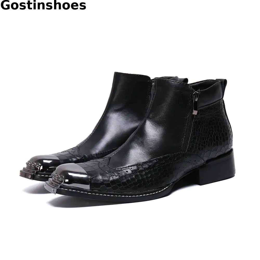 

Classic Black Genuine Leather Men Boots Wing Tip Snake Skin Printed Steel Cap Toe Men Short Work Ankle Boots Office Dress Boots