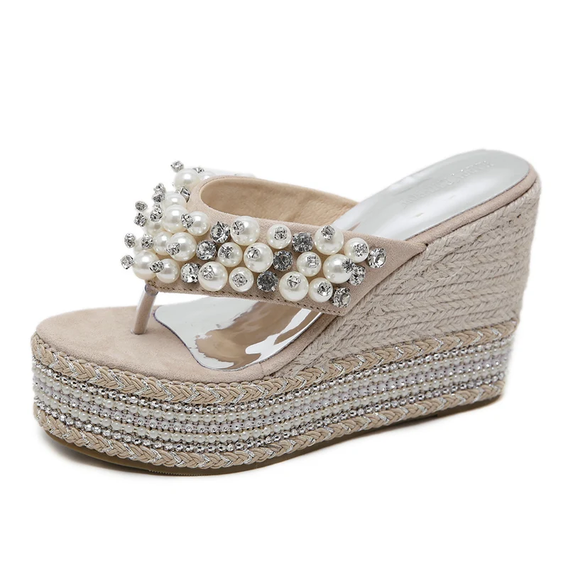 

2019 Women Crystal Brand Sandals Weaving Rope Slides Pearl Flip Flop Slippers 10cm High Heels 4.5cm Platform Wedges Shoes YCH-15