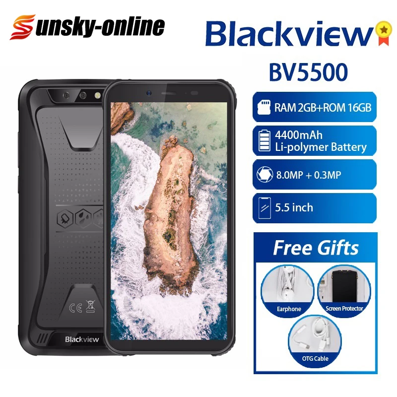 

Blackview BV5500 Smartphone IP68 Waterproof 5.5"FHD+ 2GB+16GB Android 8.1 MTK6580P Quad Mobile Phone 8MP Dual SIM 3G OTG 4400mhA
