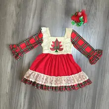 Рождественское платье для маленьких девочек; платье для девочек с рисунком дерева и кружевной каймой; классическое платье для маленьких девочек; хлопковое красное платье с бантом