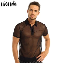 Мужская Летняя модная футболка с короткими рукавами и отложным воротником, тонкая сетчатая Просвечивающая Мягкая футболка с эффектом Wetlook, топы для вечерней вечеринки, клубная одежда