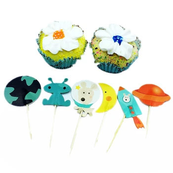 

720pcs/lot Cupcake Toppers Picks spacecraft Spaceship rocket robot Kids Birthday Party Cake Decoration Supplies baby shower gift