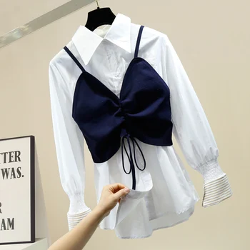 

Two-Piece Midi Length Shirt Women Temperament Loose Single Breasted White Lapel Blouse + Sling Top Ladies Blusas Femme Nancylim