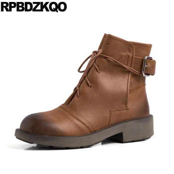 

biker black round toe metal vintage booties genuine leather custom motorcycle women boots winter 2019 flat brown lace up shoes