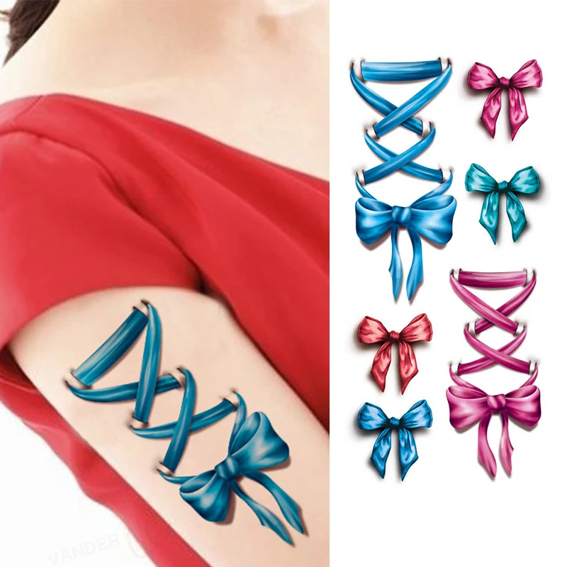 10x Nice 3D Body Art Sleeve Arm Hand Stickers Glitter Temporary Tattoos Small Bowknot Bows Waterproof For Painting Gift | Красота и