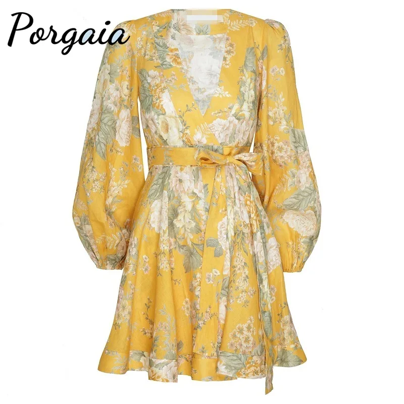 

Porgaia Empire V-Neck Lantern Sleeve Autumn Vintage A-Line Floral Printing Define Waist Travel Style Fashion Short Dress