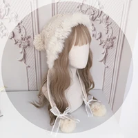 Lolita element autumn and winter warm rabbit fur ear protection hat knitted wool hat cute fur ball 1