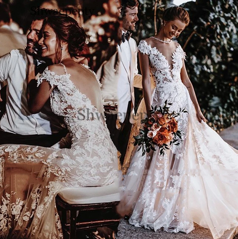 

Full Lace Country Wedding Dress With Detachable Skirt Train A Line Boho Beach Wedding Gowns Sexy Backless Appliqued Bride Wear