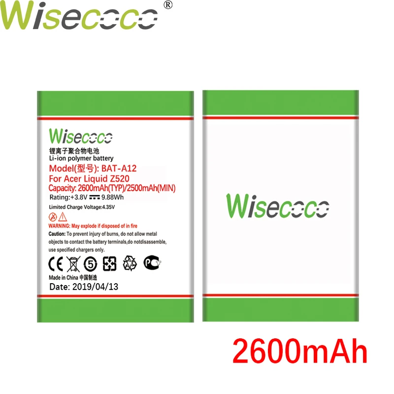 Wisecoco новый аккумулятор 2000 мАч для Acer Liquid Z520 две sim карты (P/N BAT A12 (1ICP4/51/65) KT.00104.002) +