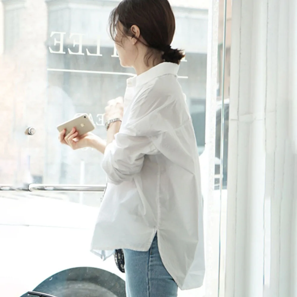 Autumn Spring Female Basic Simple White Oversize Loose Blouses Fall Korean Style Long Sleeve Office Ladies Blouses Leisure Tops - 4.00031E+12