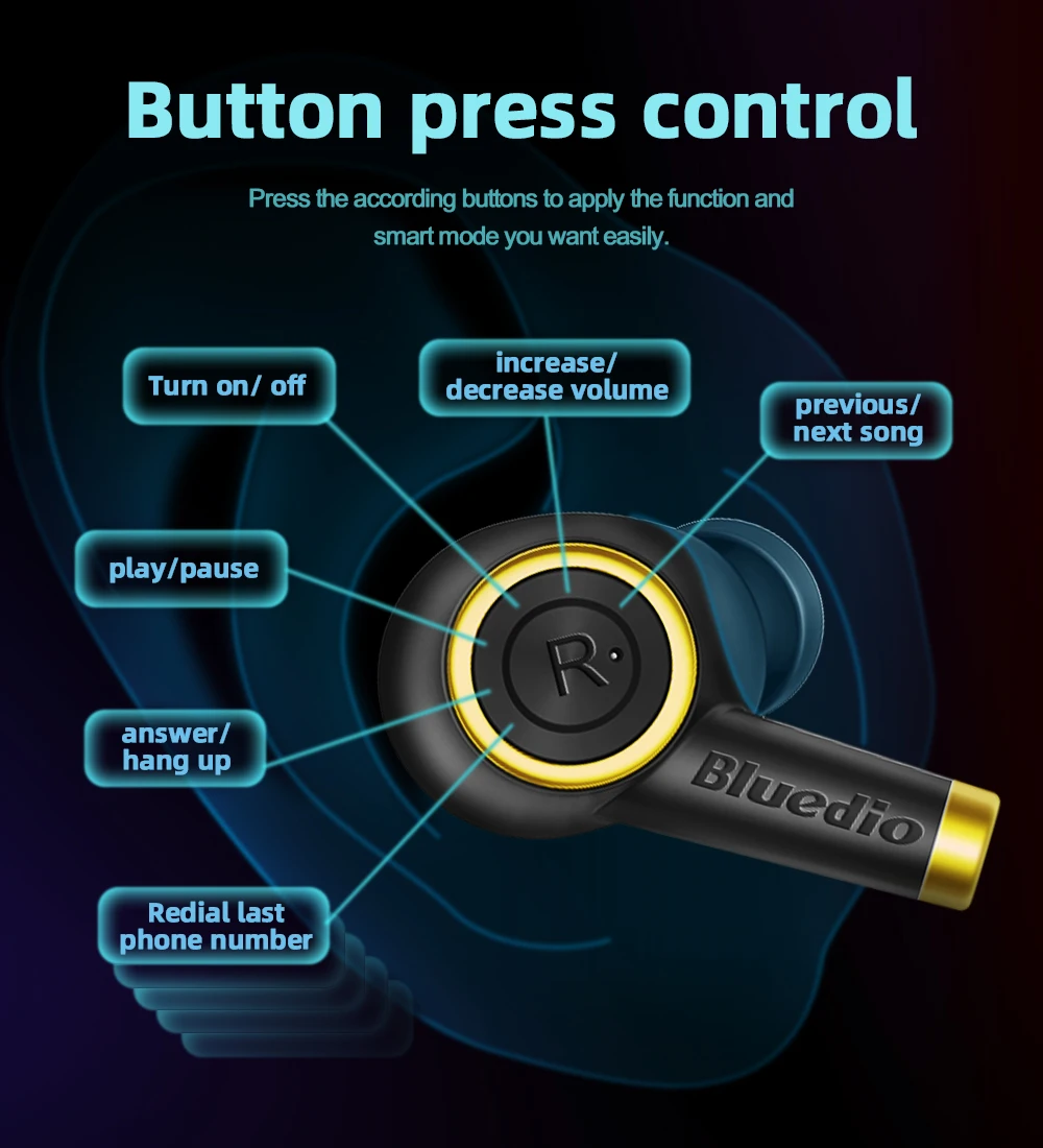 Bluedio Particle Bluetooth Headphones TWS Wireless Earbuds Waterproof Sports In-ear Headphones with Charging Case Support In-ear Detection - Black