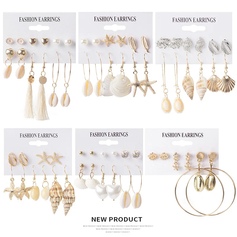 

Fashion Geometric Gold Stud Earrings Set For Women Shell Earrings Long Tassel Earring Handmade Female Earrings Jewelry