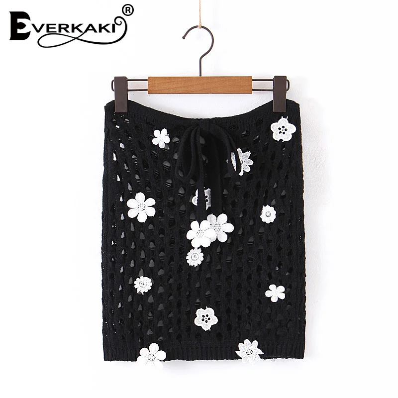 Everkaki Hollow Out Knitted Mini Skirts Women Lace Flower Attached Sexy Transparent Party Summer Boho Skirt Female Autumn