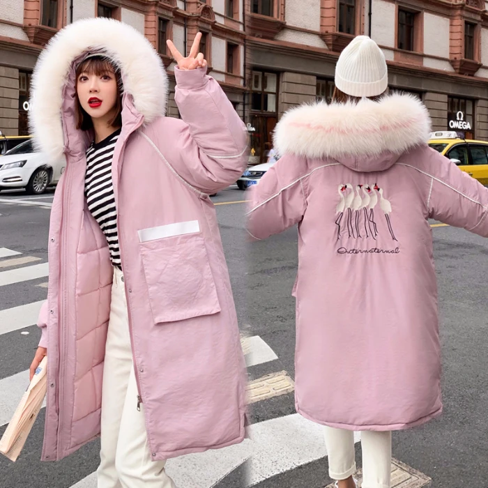 And Autumn Winter New Down Dress Female Fashion Crane Loose And Big Hair Neck Long Bf Wind Cotton Jacket