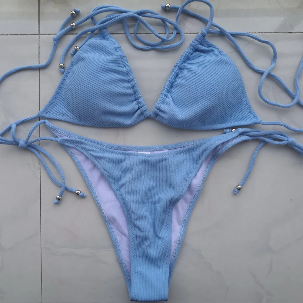 Sexy Thong Bikini Swimwear Women Pink/Blue/Black/Pink/Yellow/Red Solid Beach Bathing Suit Pit Stripe Fabric Swimsuits Wholesale 5