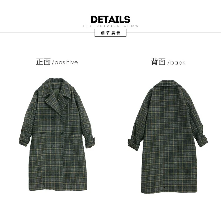 Vintage Plaids Clothes Loose Woollen Coat Women's New Checked Coat Baggy Silhouette Overcoat Tweeds Winter female Outerwear