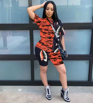 

Camouflage Creative Pattern Print Casual Women 2 Piece Suit Short Sleeve O Neck Loose T-Shirt+Skinny Lady Short Pants