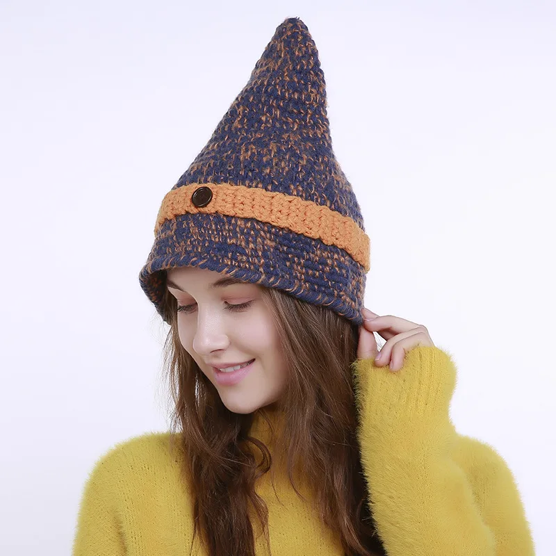 

Entirely Handmade Weaving Autumn And Winter New Style Small Sharp Point One Button Knitted Yarn Color Mixture Hat Witch BABY'S K