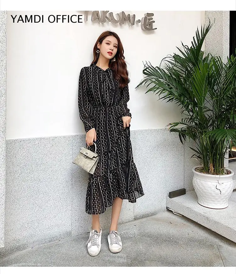 

women dresses summer 2019 autumn Casual korean long sleeve high waist polka dot striped party dresses women evening maxi dress
