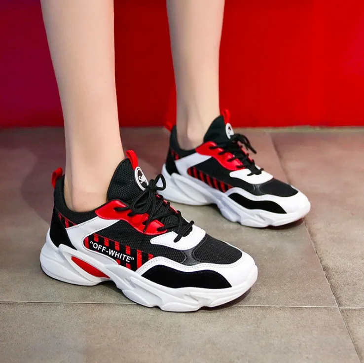 black red sneakers Женские кроссовки; коллекция года; Осенняя женская повседневная обувь из сетчатого материала; женская обувь на плоской платформе; дышащая Модная Белая обувь - Цвет: black red sneakers