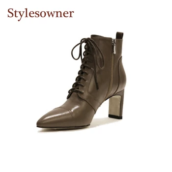 

Retro Lace-Up Ankle Boots Women 2020 Spring / Autumn New Pointed Toe Thin Single Leather Korean Style Thick Heel High Heel Boots