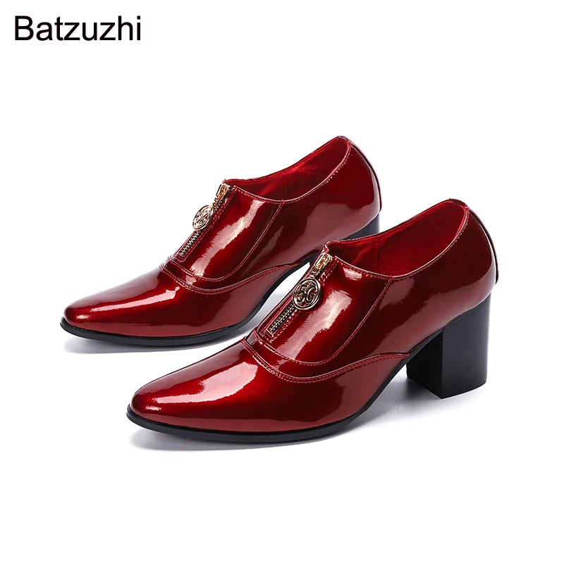 

Batzuzhi 7.5cm High Heels Pointed Toe Men Shoes Red Patent Leather Ankle Boots for Men Party and Wedding Shoes Zip, Big Size 46