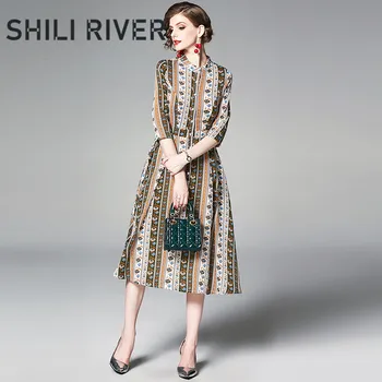 

New spring summer long shirt dress for women a line half sleeve casual slim elegant floral print flower button swing midi dress