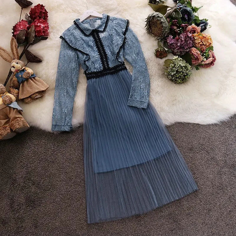 

HISUMA spring autumn new women lace collar long sleeve gauze dress female elegant ruffles mesh two piece set pleated dresses