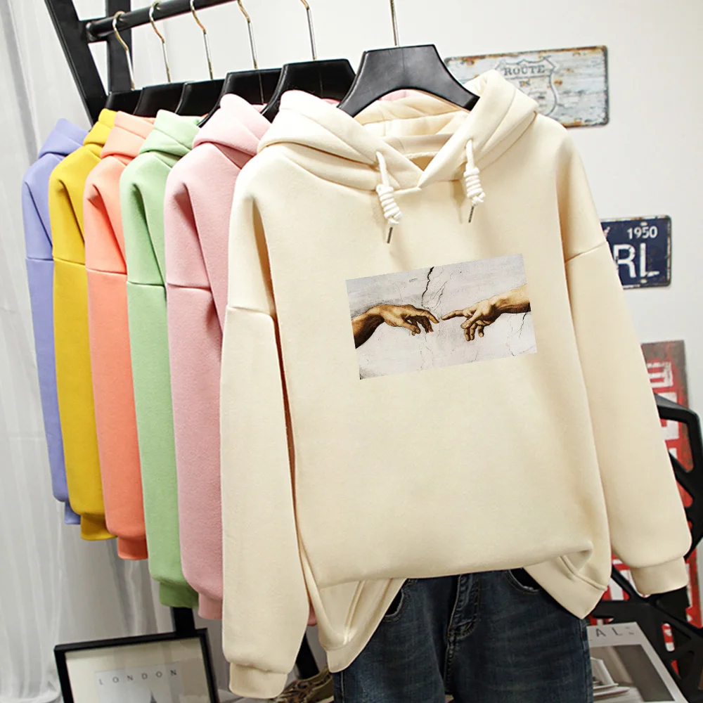 

Plus Size Women Sweatshirt Loose Sweat Oversize Thick Fleece Sweatshirt Unisex Creative Hands Printed Sweatshirts for Teen Girls