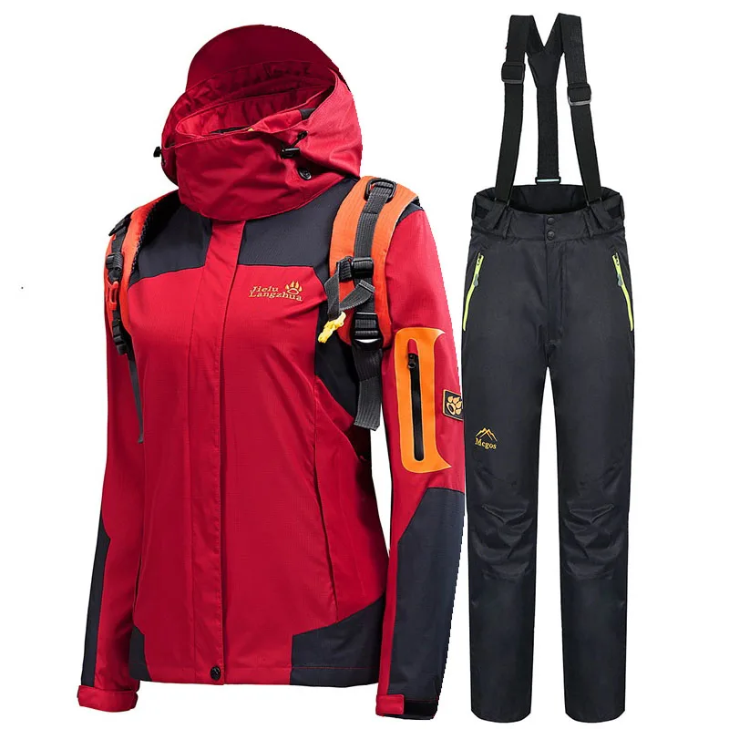 Лыжный костюм для Для женщин Водонепроницаемый ветрозащитный Лыжный Спорт Сноубординг комплекты курток-Термальность лыжный костюм Для женщин зима лыжный костюм Лыжная куртка - Цвет: Red    Black
