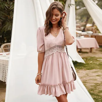 

Summer Chiffon Dress Women Casual Mini Dress Women V-neck Half Sleeve Lace Slim Mini Dress Beach Bohemian Dress Sukienka #g3
