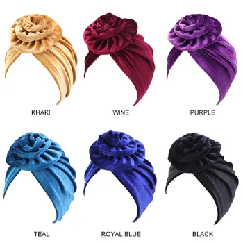 

European And American Turban Velvet Plate Big Flower Hat Ethnic Cap Cancer Chemotherapy Bonnet Headwear Cotton For Ladies