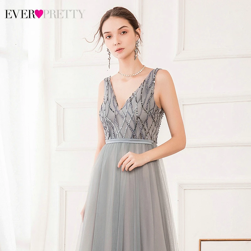 Серые Вечерние платья с блестками Ever Pretty, EP00717GY, ТРАПЕЦИЕВИДНОЕ ПЛАТЬЕ с двойным v-образным вырезом, без рукавов, из тюля, элегантные платья для вечеринки, Vestido Longo