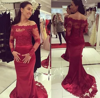 

Cheap Burgundy Long Sleeves Evening Dress Mermaid Lace Appliques Formal Holidays Wear Graduation Party Gown Custom Made