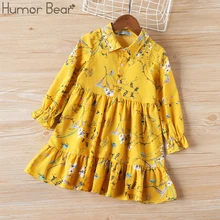 Humor Bear/Коллекция года, новое Брендовое осенне-осеннее платье для девочек модное желтое платье с длинными рукавами и цветочным рисунком платье с лацканами для девочек, детское платье