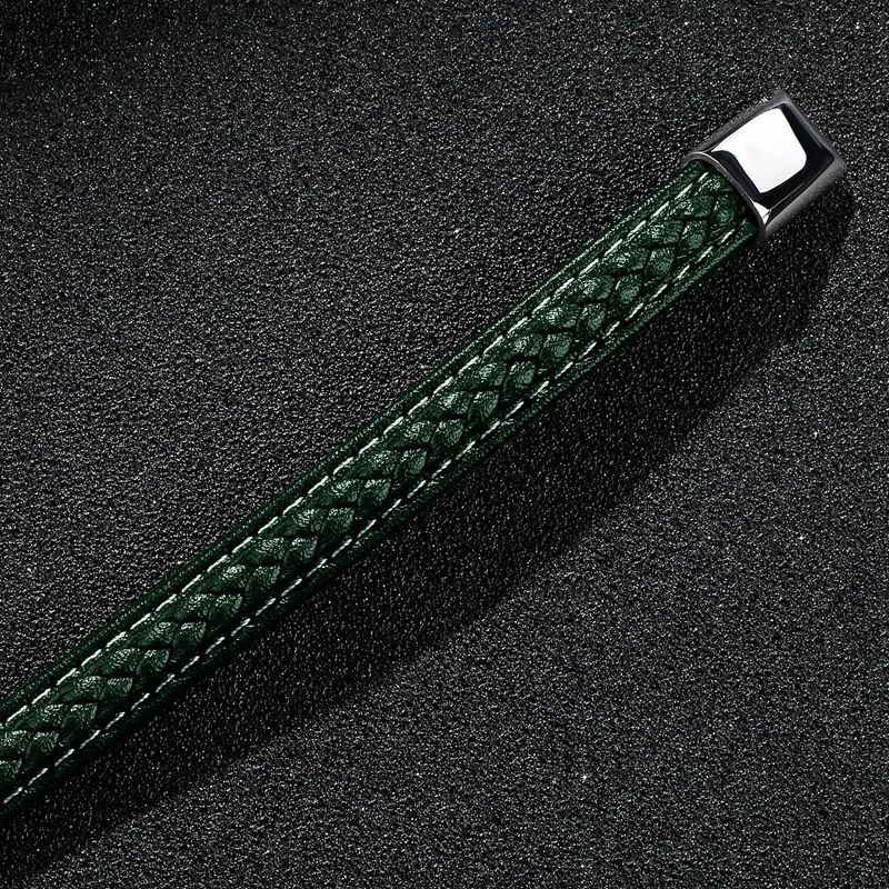 MOZO FASHION Retro Men Jewelry Braided Leather Bracelet Women Handmade Bracelet Trendy Stainless Steel Clasp Wrist Band Green