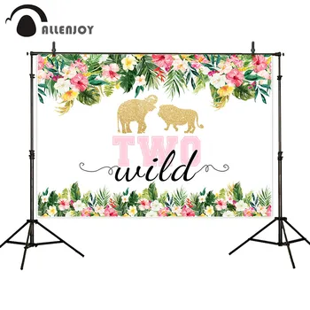 

Allenjoy 2th Birthday Banner Jungle Flowers Leaves Golden Glitter Lion Elephant Child Party Curtains Wild One Celebrate Backdrop