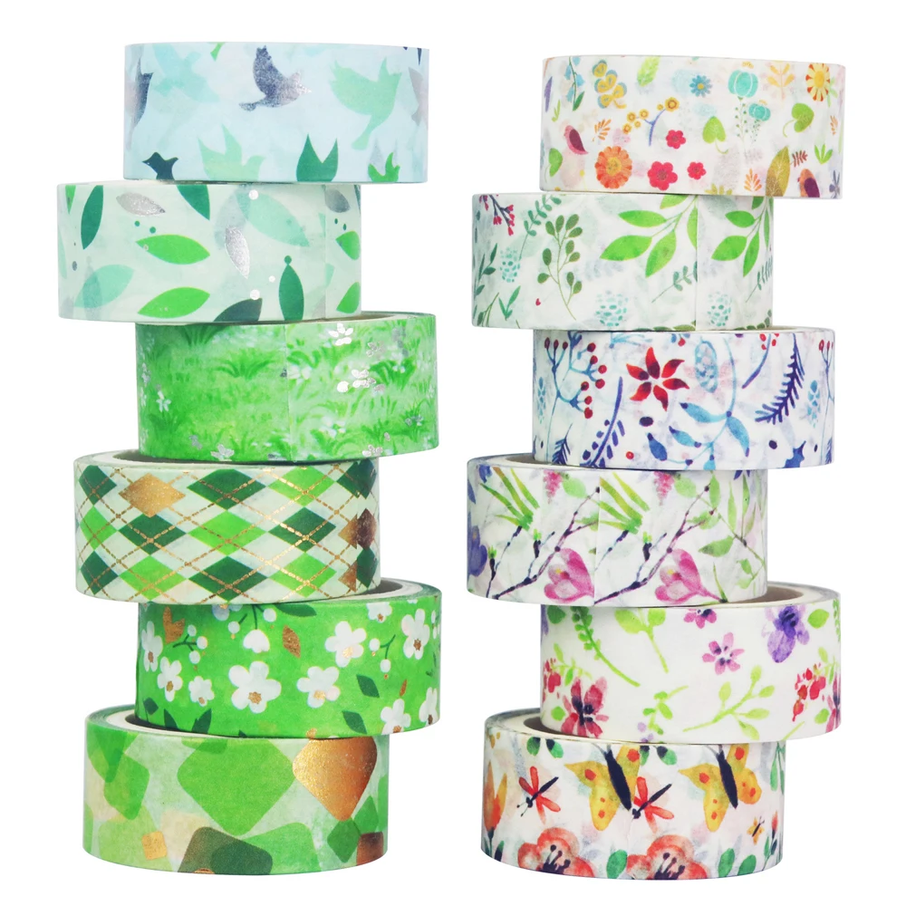 12Rolls Gold Foil Spring Floral Wahsi Tape MarskingTape Diy Scrapbooking Sticker Label Handmade Gift Decoration