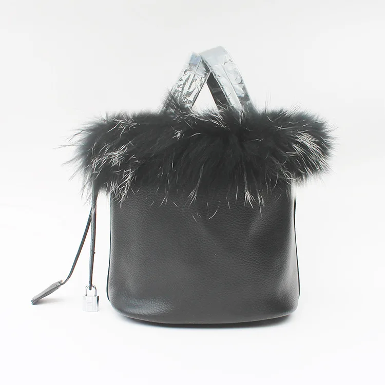 

Blascher Handbag Designer Bags Famous Brand Women Tote Bag Fox Fur Hair Natural Genuine Leather Ladies Lock Bucket Bag WB03